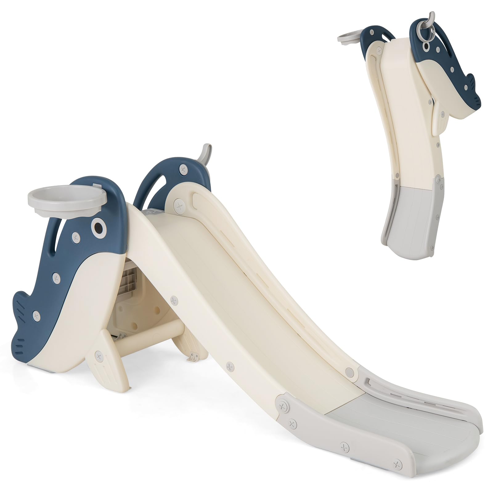 COSTWAY Folding Kids Slide, 4 in 1 Freestanding Toddler Slide with Climber, Basketball Hoop, Ring Toss, Indoor Outdoor Play Equipment for 3+ Years Old (Blue+Grey)