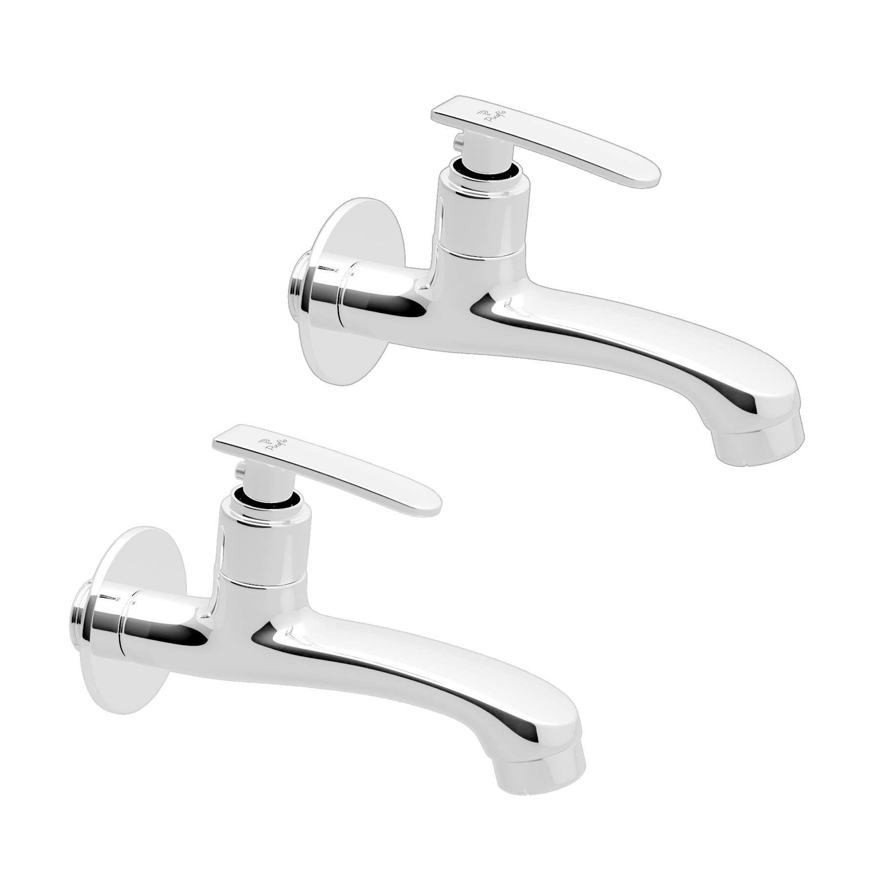 Pixaflo Moonstone Brass Long Body Bib Cock Tap with Wall Flange (Pack of 2) (Chrome)