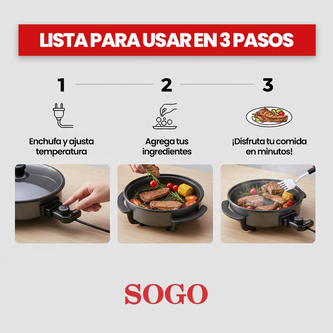 SOGO Paellera Eléctrica 1500W 9cm Antiadherente Termostato 240°C Sartén Eléctrica Tapa de Cristal