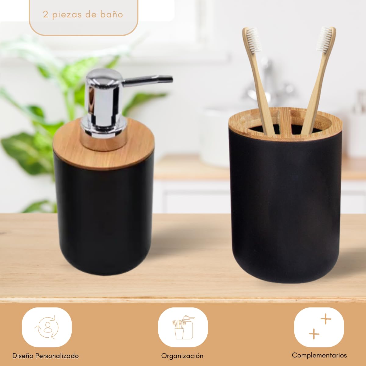 Juego Accesorios baño Negro y bambú, Incluye dispensador jabón, escobilla de baño y Porta Cepillo de Dientes - Kit Completo de 3 Piezas sin Taladro