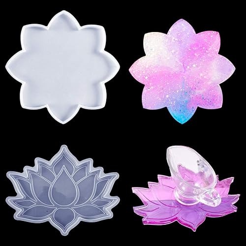 Paquete de 2 posavasos de flores, moldes de resina epoxi de cristal para posavasos de silicona, moldes de flor de loto para moldes de resina para