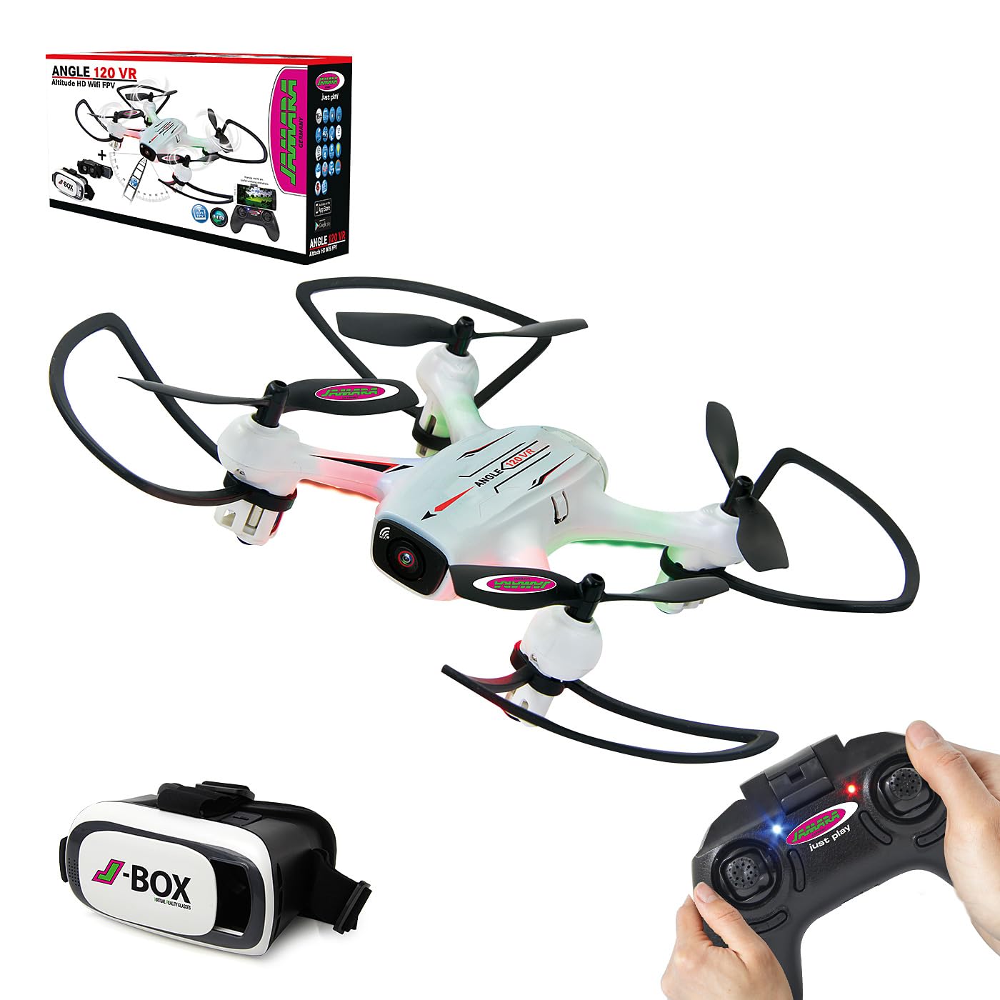 JAMARA 422029 - Angle 120 Altitude HD Wifi VR, inkl. VR-Brille, Altitude Hold Adjustment, Kompass/Flyback, Track following - Flugbahn-Planung-Modus,120 Degree Weitwinkel-Kamera,Unterspannungswarnung