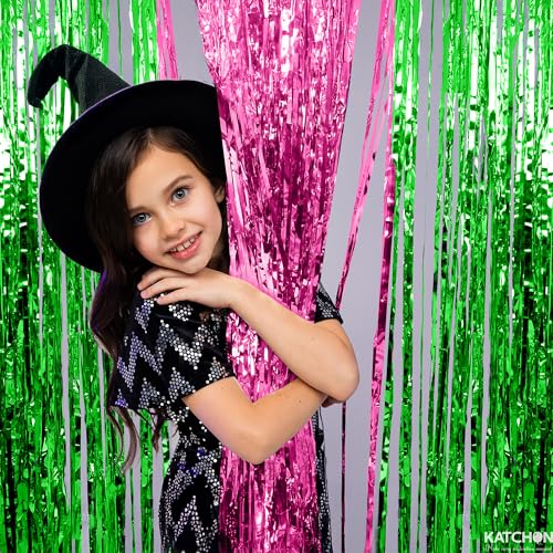 Image of KatchOn, XtraLarge Green and Pink Fringe Backdrop, Pack of 2 - Streamer Backdrop for Flamingo, One in A Melon Party Decorations | Pink and Green Party Decorations | Princess Birthday Decorations