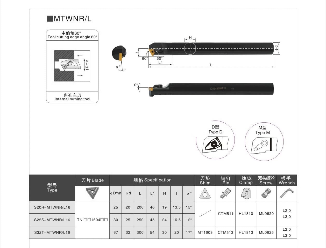Porte-outils de tournage pour barre d'alésage de tour S16Q-MTWNR16 S20R-MTWNR16 S25S-MTWNR16 Outil de tournage interne indexable S25S-MTWNL16 (S16Q-MTWNR16)(S20R-MTWNR16)