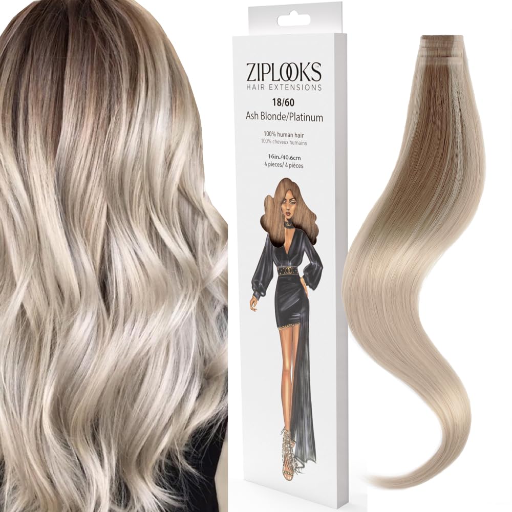 ZIPLOOKS | Ombréage Hair Extensions | Human Hair Extensions | Ombre Ash Blonde to Platinum Balayage Highlights with ZTool Application, Damage-Free Hair & Scalp, 16 Inch, #18/60, 4 Pcs 20g