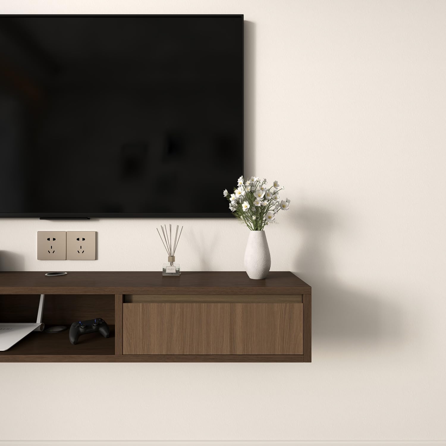 47 in Floating TV Stand Floating Tv Console for Tvs Up to 32/65 Inch Entertainment Center for Wall with 2 Flip-Down Cabinet Doors for Bedroom Living Room,Walnut+Natrural 47 IN Walnut+natrural