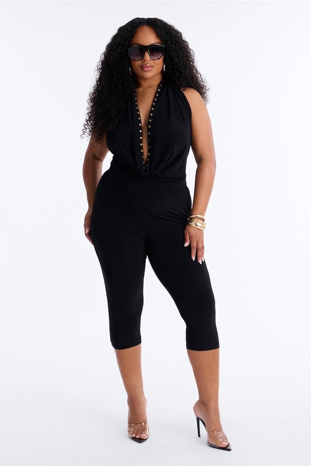 Sexy Halter Jumpsuits for Women Deep V Neck Backless Capri Pants Jumpsuit Trendy Going Out Outfits One Piece Romper