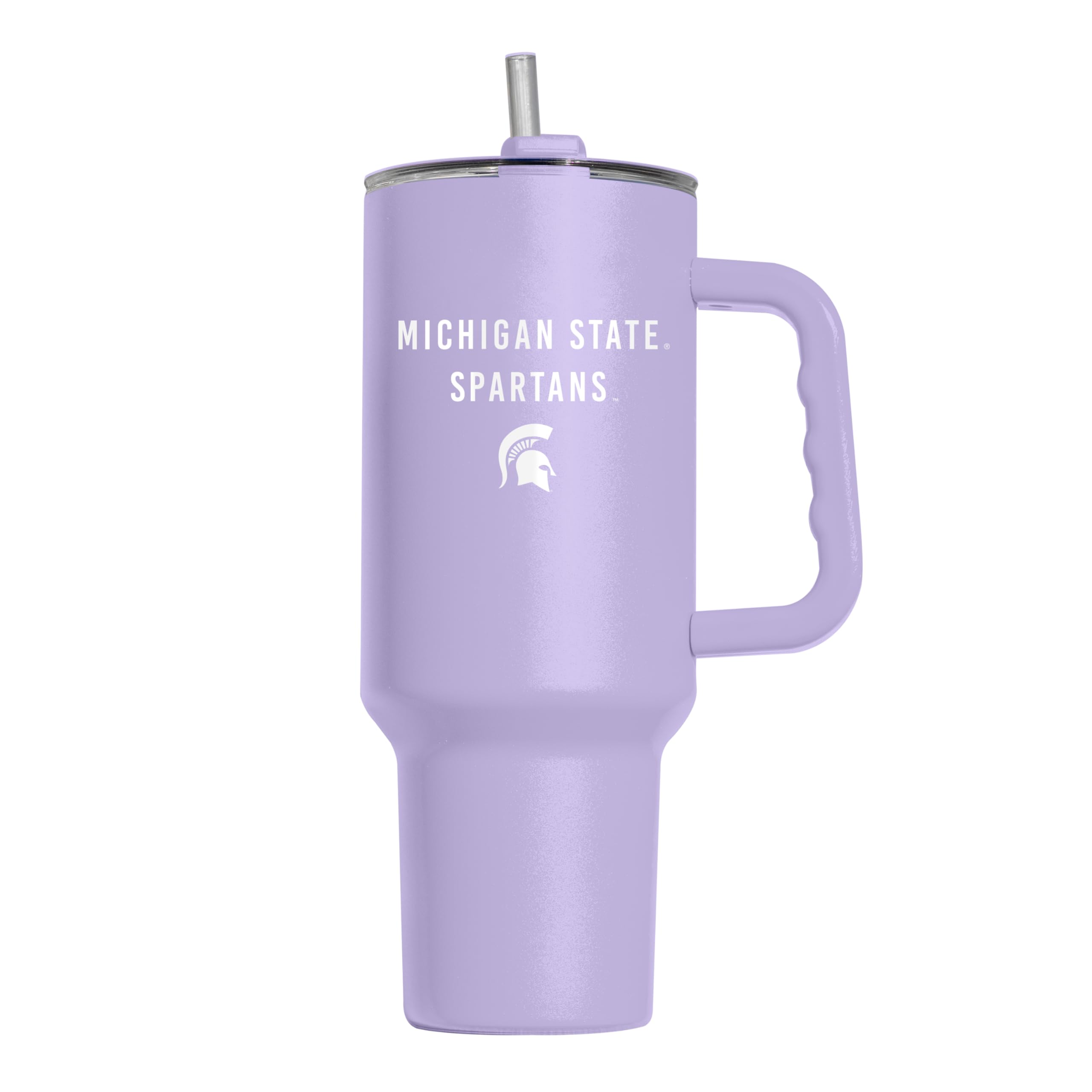 Logo Brands NCAA Michigan State Spartans Lavender 40 oz Tumbler with Handle - Stylish Everyday Use Powder Coated-Stainless Steel with Straw- Keeps Cold For Hours