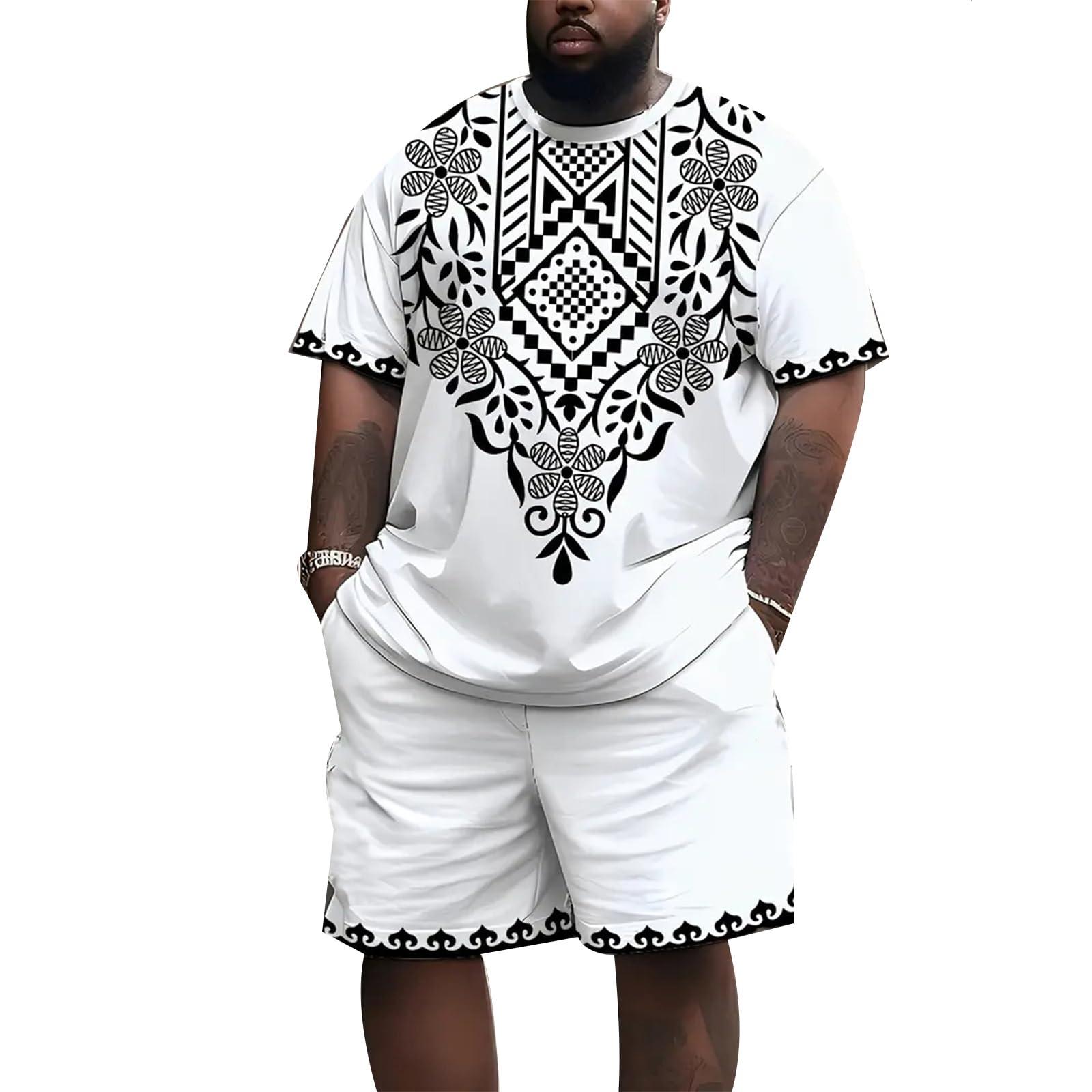 HENDUOOD African Dashiki Summer Tracksuit Set for Men Tribal Traditional Kente Two Piece Sportwear T-Shirt+Shorts Ankara Outfit