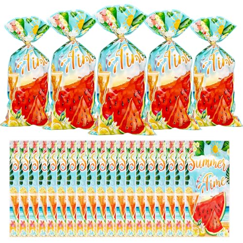 Cxryrzhe Zellophanbeutel für Leckereien, Sommer-Stil, Wassermelone, Zellophan, Süßigkeiten, Kekse, Geschenktüten, 12,7 x 26,7 cm, mit Bindebändern für Snacks, Bäckerei, Geburtstag, Hochzeit, Party, 50