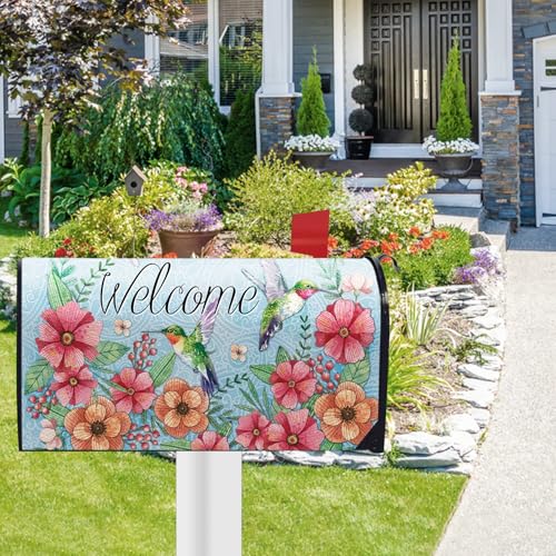 Image of Welcome Spring Summer Mailbox Cover Magnetic Standard Size 20.5 inch x 18 inch, Hummingbird Anemone Flower Blue Decorative Post Letter Box Wrap Decor, Floral Seasonal Garden Yard Outdoor Decoration