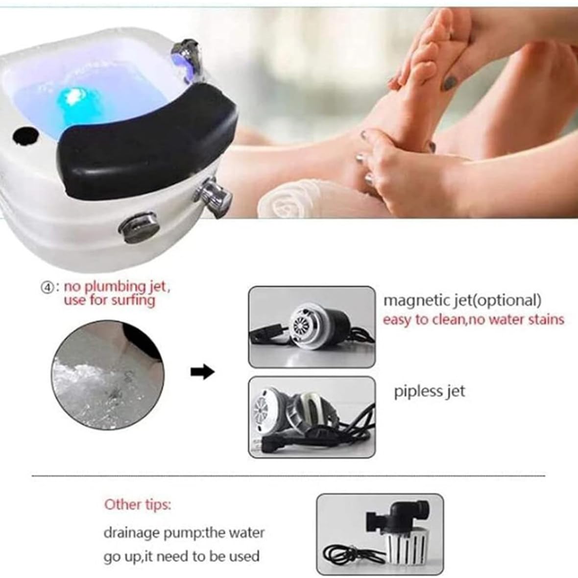 Akrylowa kąpiel do stóp Ogrzewane Spa do stóp Lampa kolorowa Kąpiel do stóp Pedicure Spa do stóp Regulacja ciepła i zimna Miska do pedicure Salon paznokci Pedicure Wanna Kolorowe światło Surfing