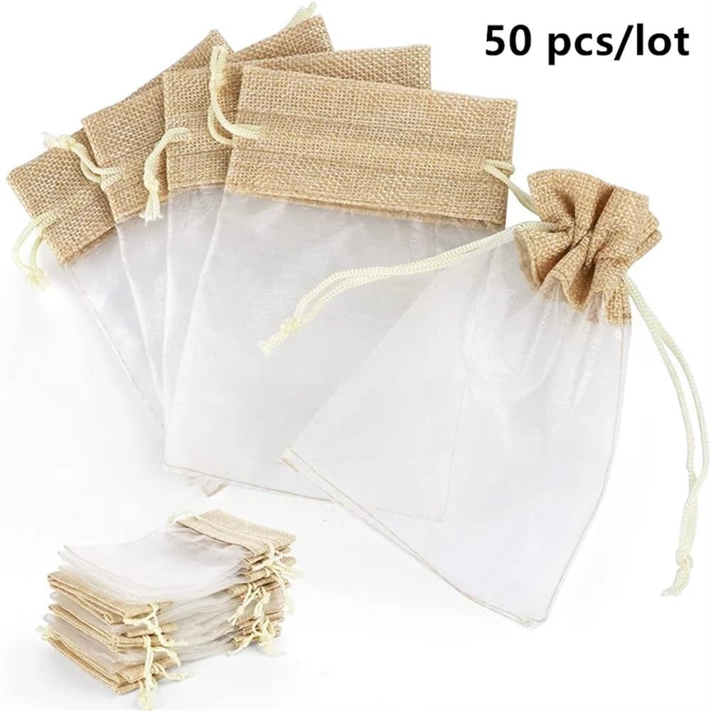 50 sztuk/partia Ślubne Przezroczyste Organza Torby Do Pakowania Prezentów Nadające Się Do Pakietu Upominków Na Imprezę Bożonarodzeniową Małe Woreczki Ze Ściągaczem 10x15 cm