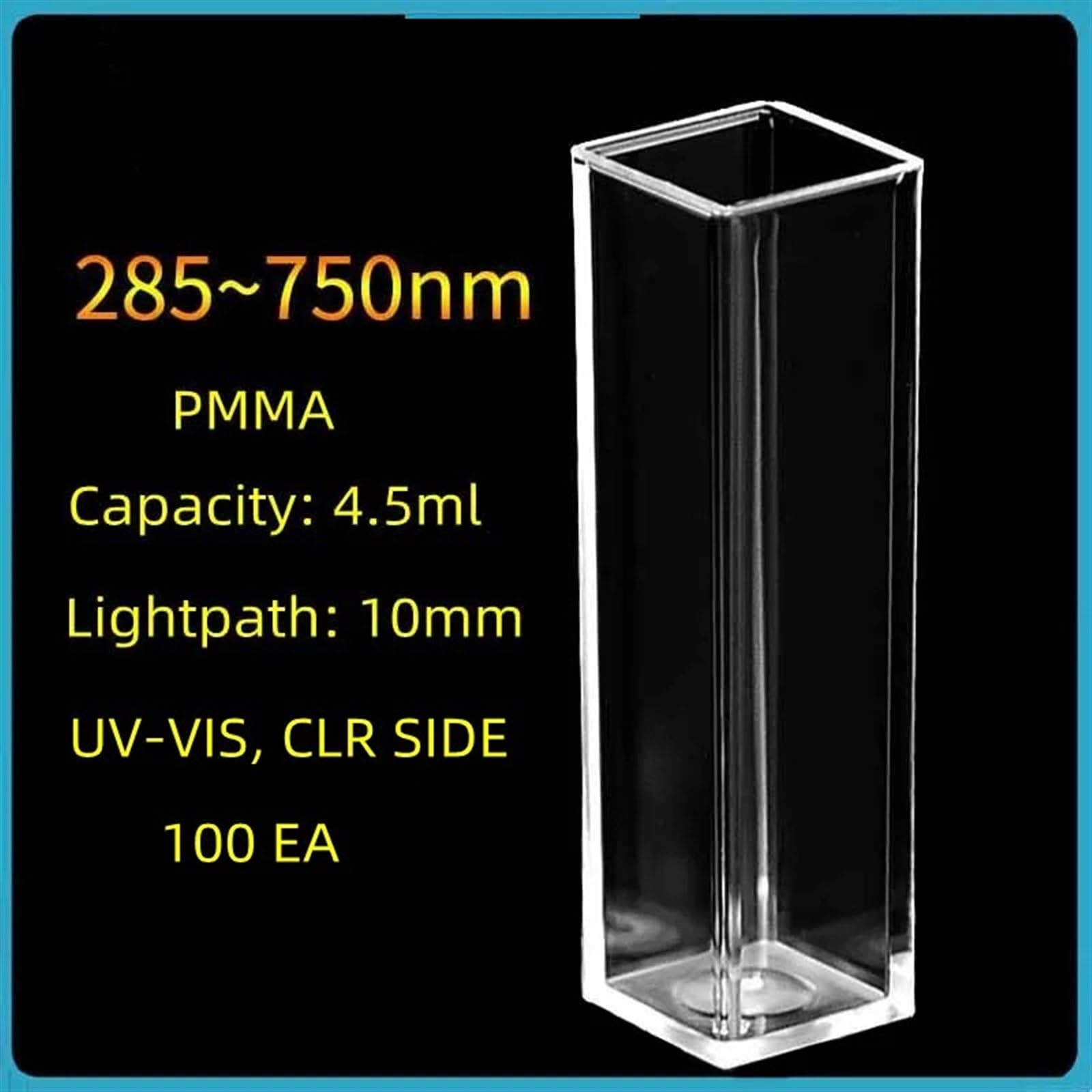 Einweg-Kunststoffküvette, PMMA-Küvette, 4,5 ml Fassungsvermögen, UV-VIS, CLR-Seite, Methacrylat, 10 mm Lichtweg, Kat.-Nr. 14955130, 100 Stück/Pkg