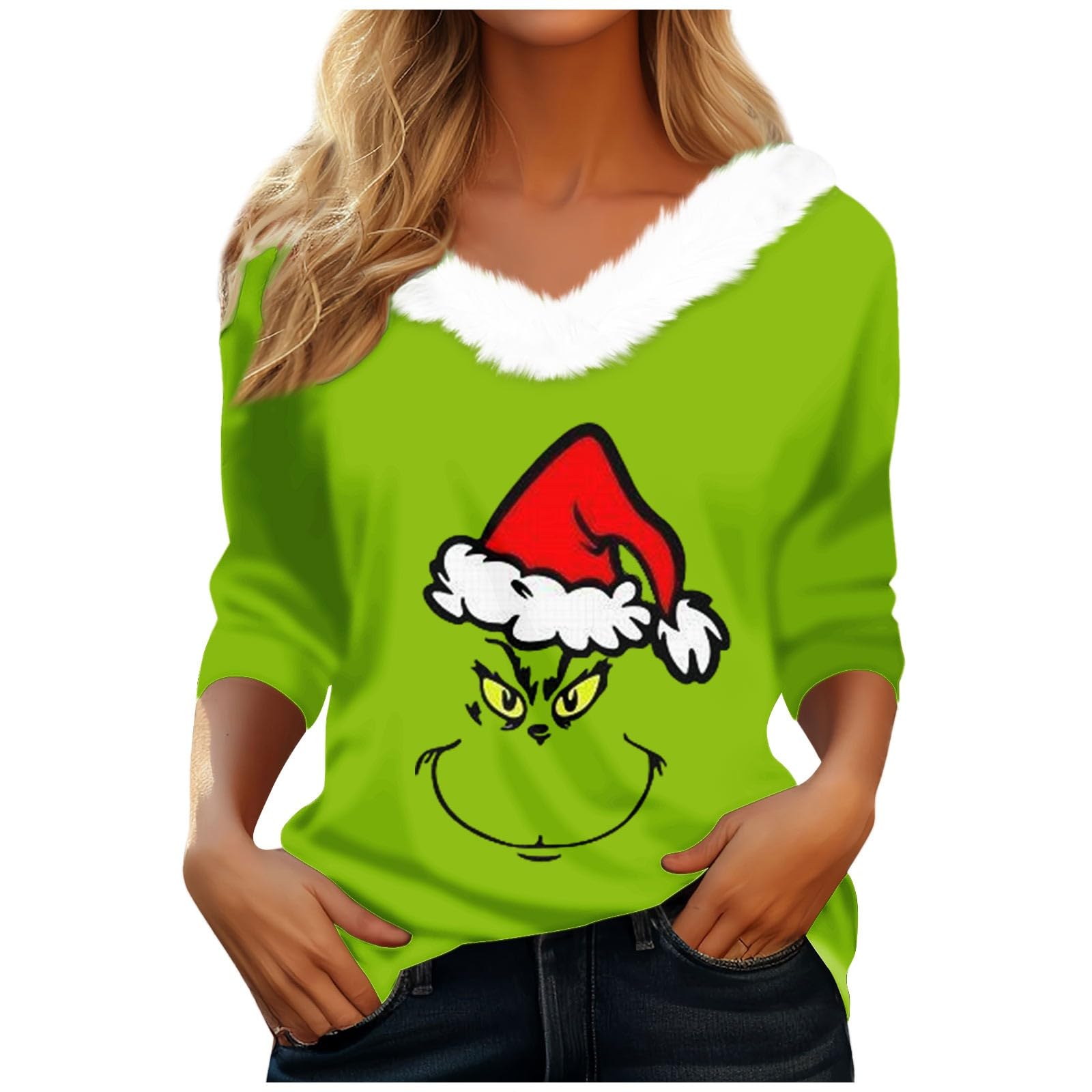 Christmas Shirts for Women Funny Long Sleeve Christmas Tops Loose Fit Xmas V Neck Fleece Collar Tops