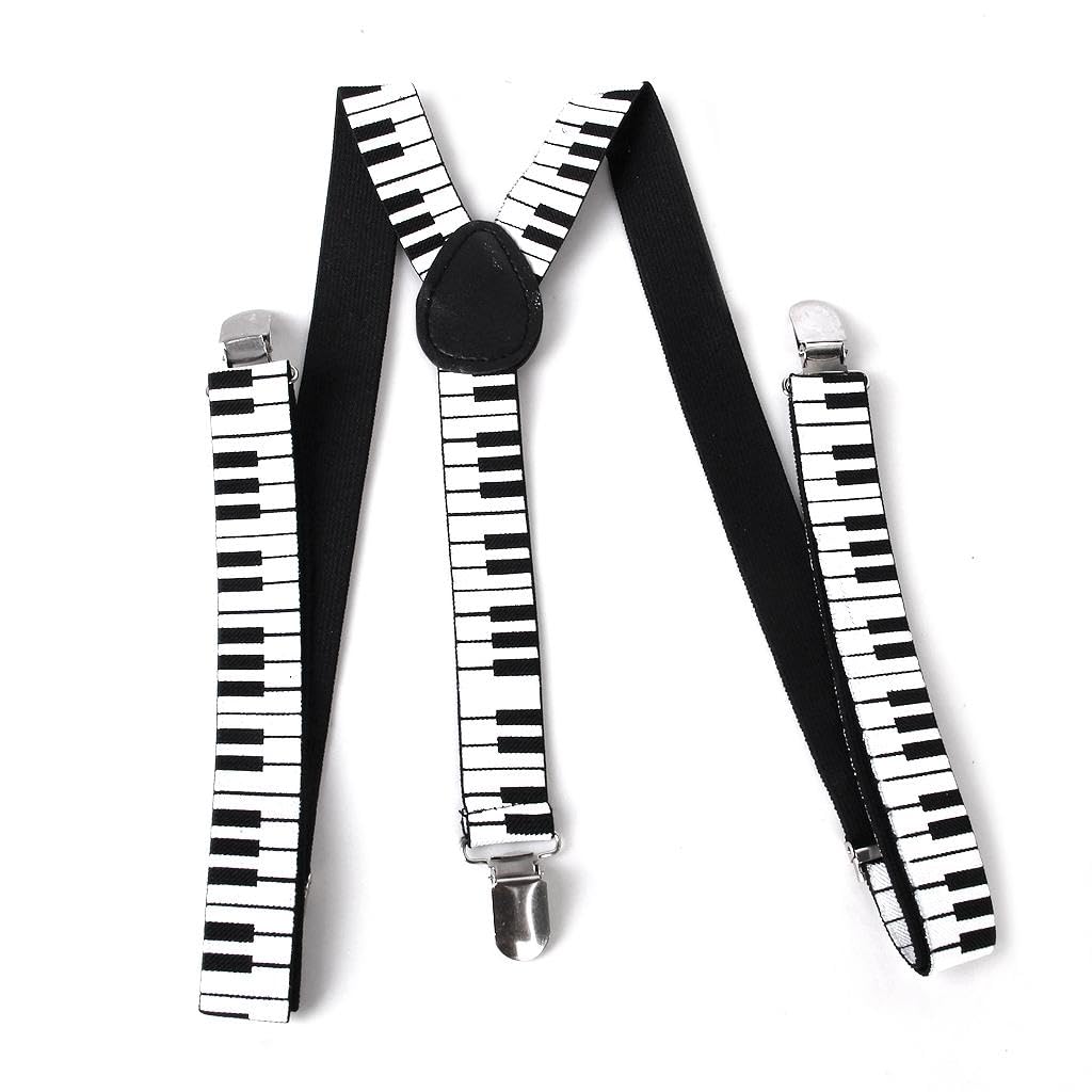 Adult Unisex Clip-on Braces Elastic Y-back Suspender w/Piano Keyboard Patterns Black and White-image-15