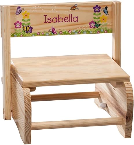 Miniatura 24 de Taburete y silla 2 en 1 para niños, madera natural, diseño de cuadros de búfalo con nombre personalizado Beige Bronceado,Ballet,Mariposas y