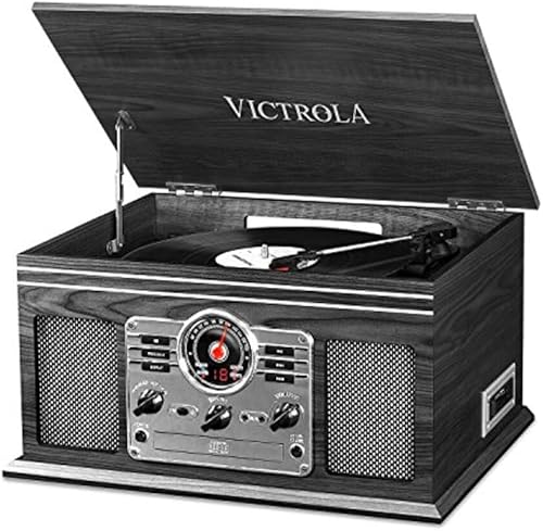 Victrola - Tocadiscos 6 en 1 nostálgico, plato giratorio, 3 velocidades, parlantes integrados, conexión bluetooth, reproductor de CD y casete, radio