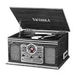 Victrola The Quincy 6-in-1 Bluetooth Record Player & Multimedia Center with Built-in Speakers – 3-Speed Turntable, CD & Cassette Player, FM Radio, Wireless Music Streaming (Grey Wood)