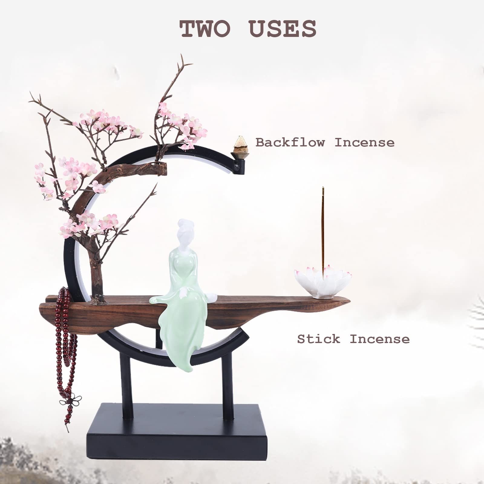 TFCFL Backflow Incense Holder with LED Light Ring, Chinese Style Handmade Flower Censer Incense Burner Home Decor Aromatherapy Ornament Incense Holders with Backflow