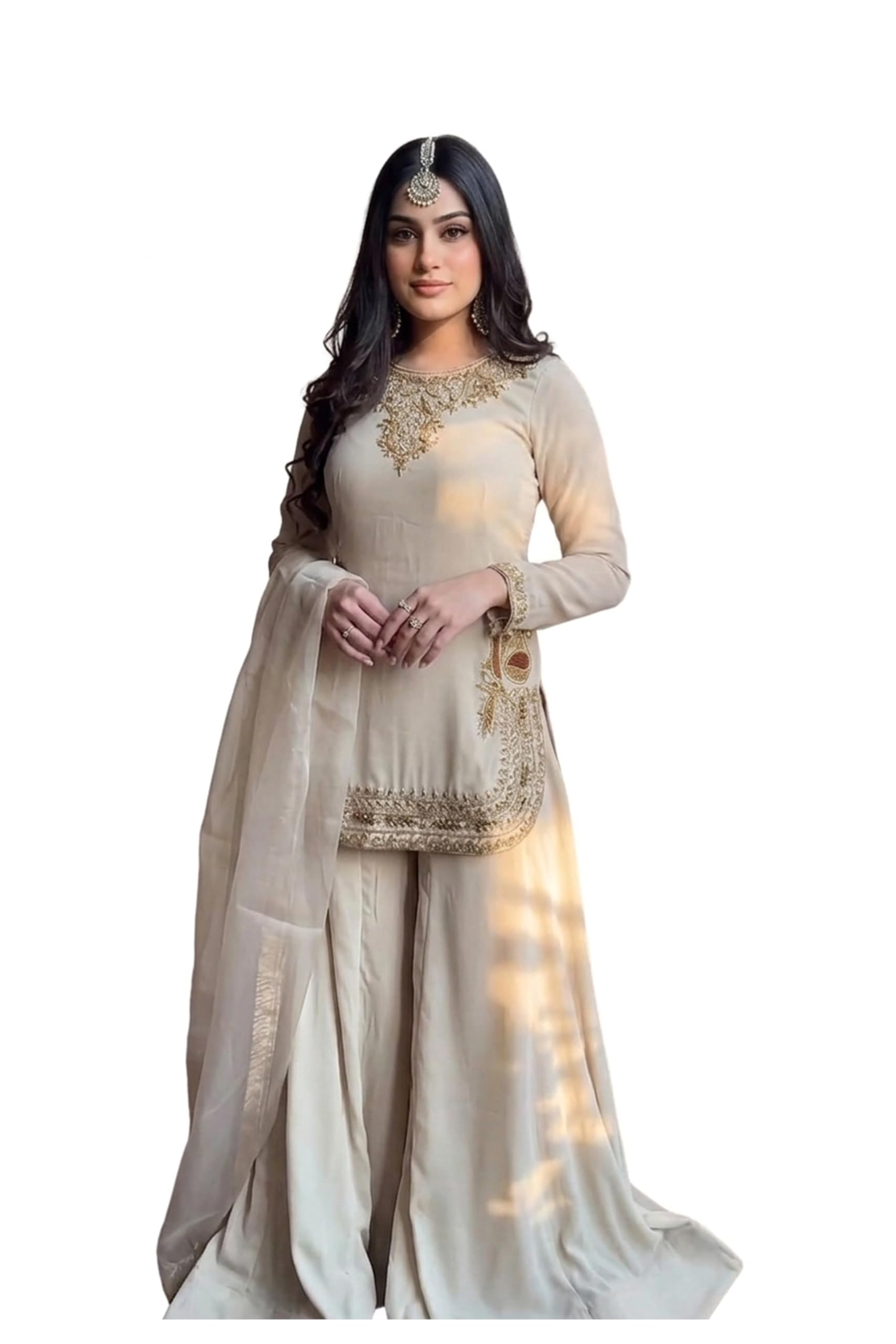 WOMEN'S Crepe Elegant Stitched Salwar Suit – Long Kurti with Embellished Sleeves, Wedding & Festival Collection (SF201526 Brown free-size)-image-27