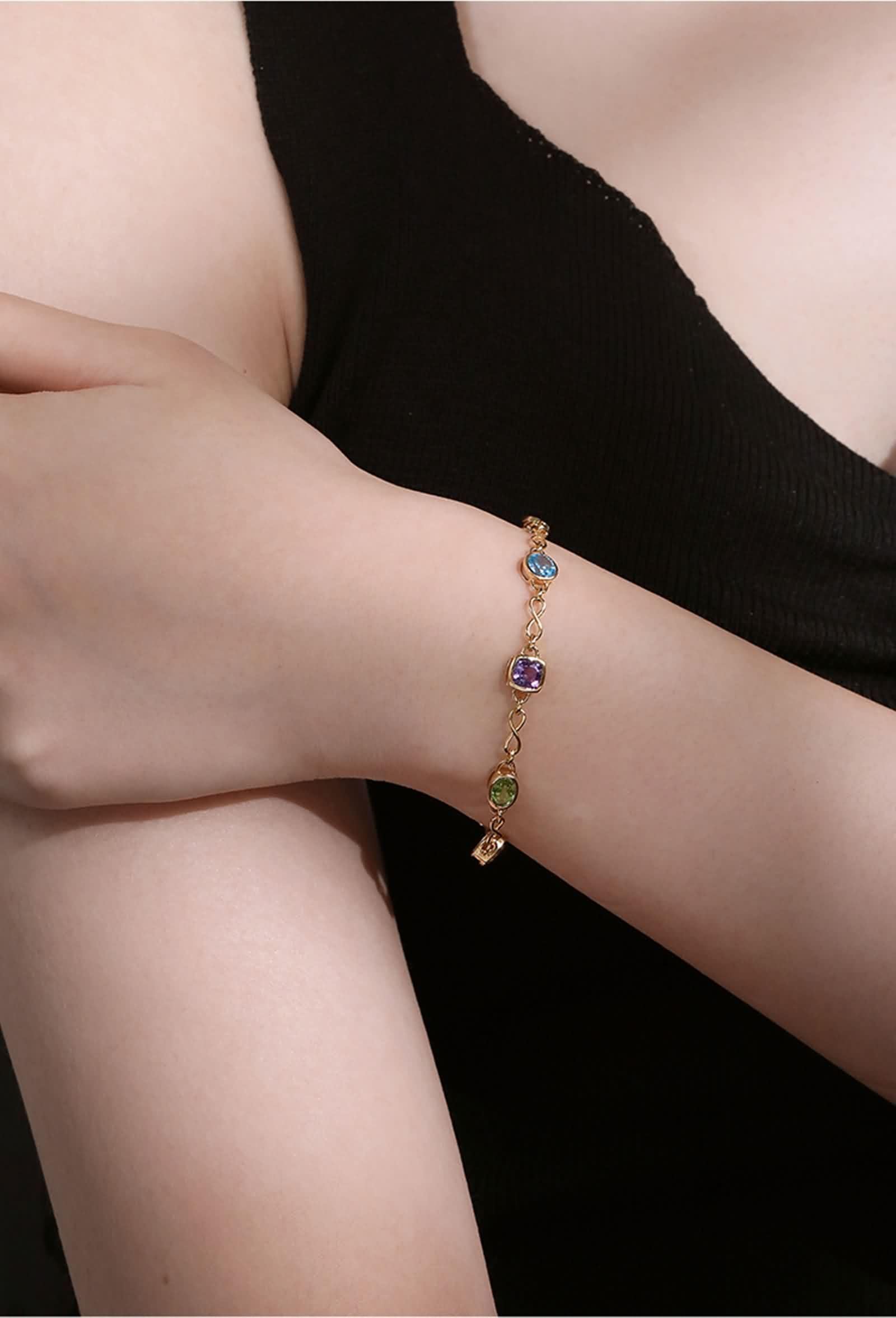KnSam Joyas auténticas de oro amarillo de 18 quilates Au750 pulseras para mujer, 1,3 ct topacio para mujer, pulseras con infinito, talla redonda, azul, brazaletes con peridoto oro de 18 quilates, 23