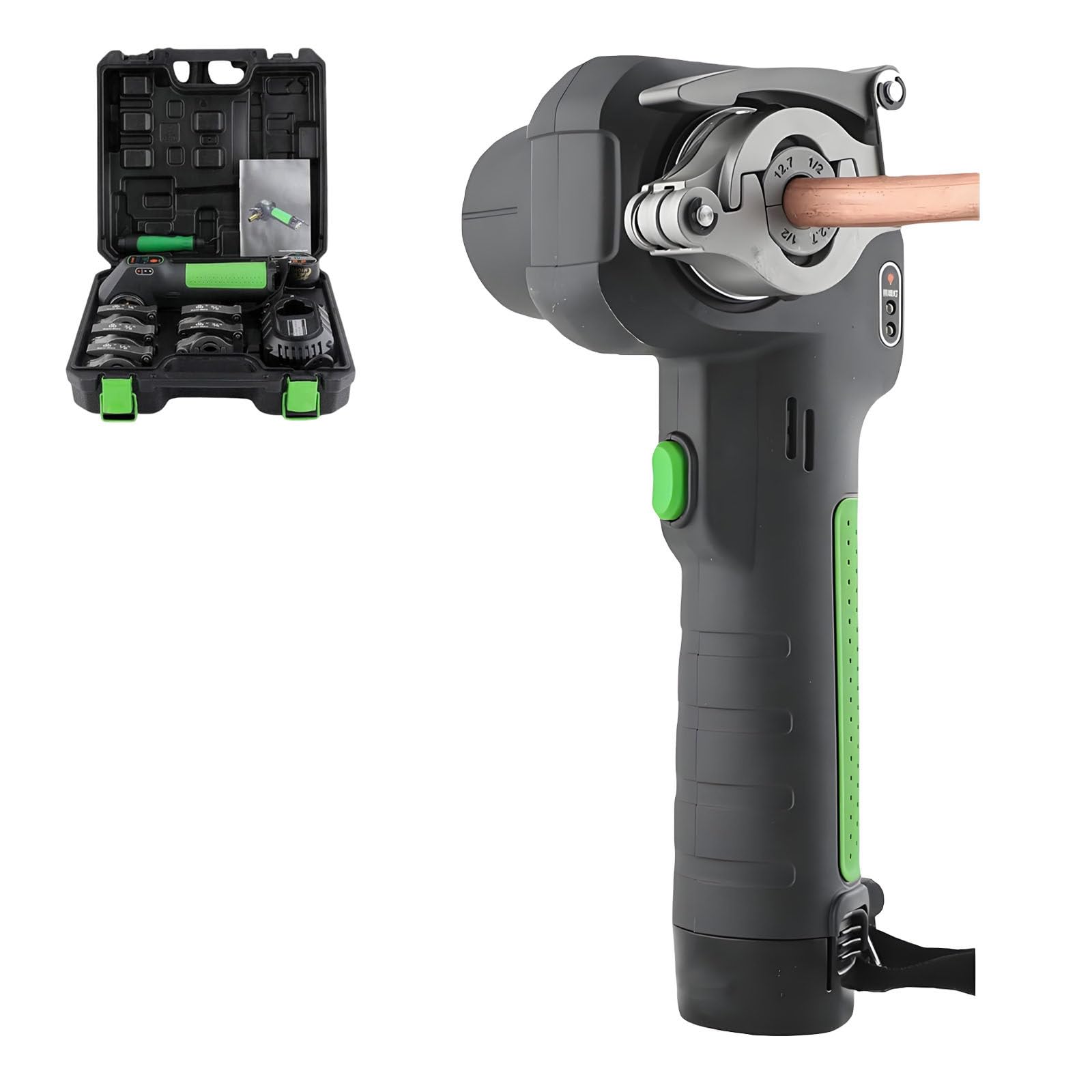 Kit di utensili elettrici per svasatura a 45° per tubi in rame, alluminio, ottone, 5 morsetti e luce da lavoro, adatto per tubi da 1/4" - 3/4", 2 batterie incluse