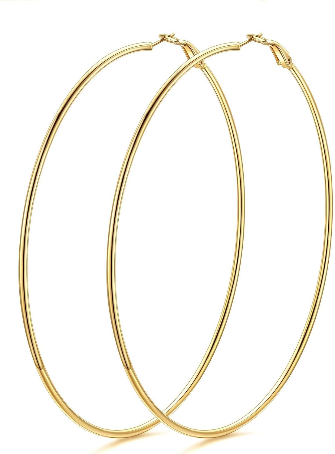 KeyStyle Gold Hoop Earrings for Women, Stainless Steel Hoops Earring Lightweight Loops, 2 mm Thick Hypoallergenic Circle Endless Thin Hoop (30 mm,50 mm,70 mm,100 mm)