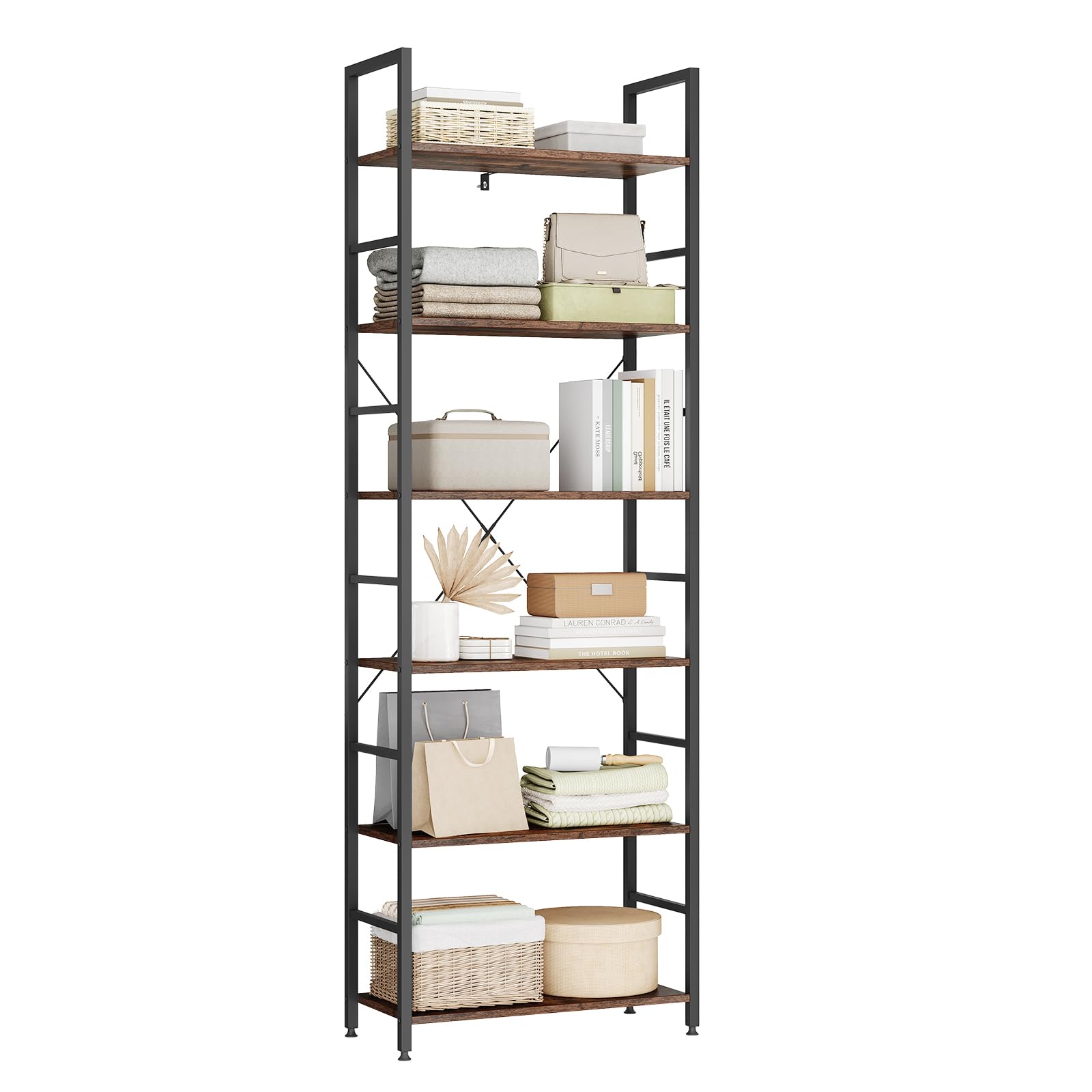 eSituro Standregal Badregal Küchenregal Bücherregal Aufbewahrung Leiterregal Stufenregal platzspazierend modern Stil 6 Ablagen Schwarz+Nussbaum Metall+MDF 60x27.5x180CM