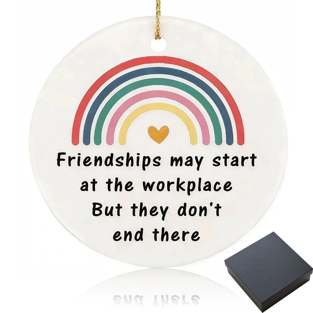 Colleague Leaving Gift, Ceramic Keepsake Ornament for Coworker, "Friendships May Start at The Workplace" Plaque with Rainbow Design, Office Farewell & Thank You Present (Includes Gift Box)