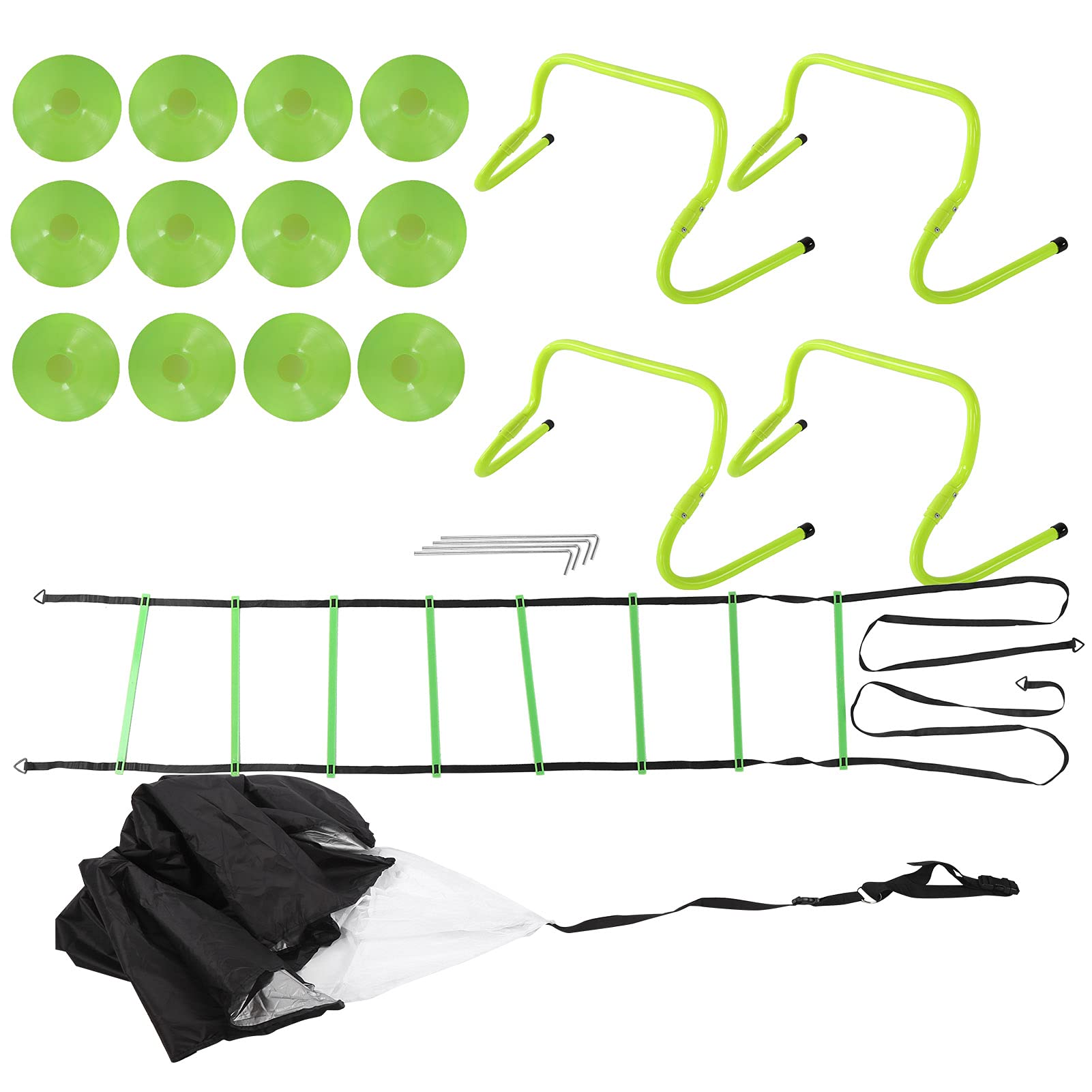 JTLB PP Speed Agility - Escalera de agilidad, 12 conos, 4 obstáculos ajustables, juego de paracaídas