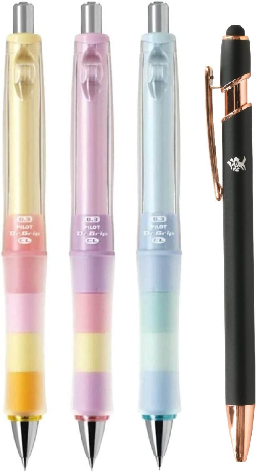 Mechanical Pencil Dr. Grip CL Play Boader 0.3mm Pastel Color Body 3 Packs With Kanji LOVE Sticker, Pastel yellow, Pastel pink, Pastel blue, 0.55 x 5.59 x0.55 in (HDGCL50R3)
