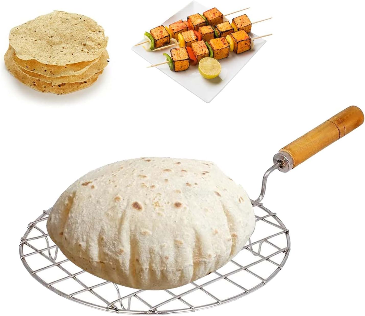 AADHIK Papad Jali Roast, Paneer Grill, Roti Maker, Barbeque Round Jali Roaster Chapati Toast Grill Wooden Handle Vegetable tandoor net, Baigan Bharta