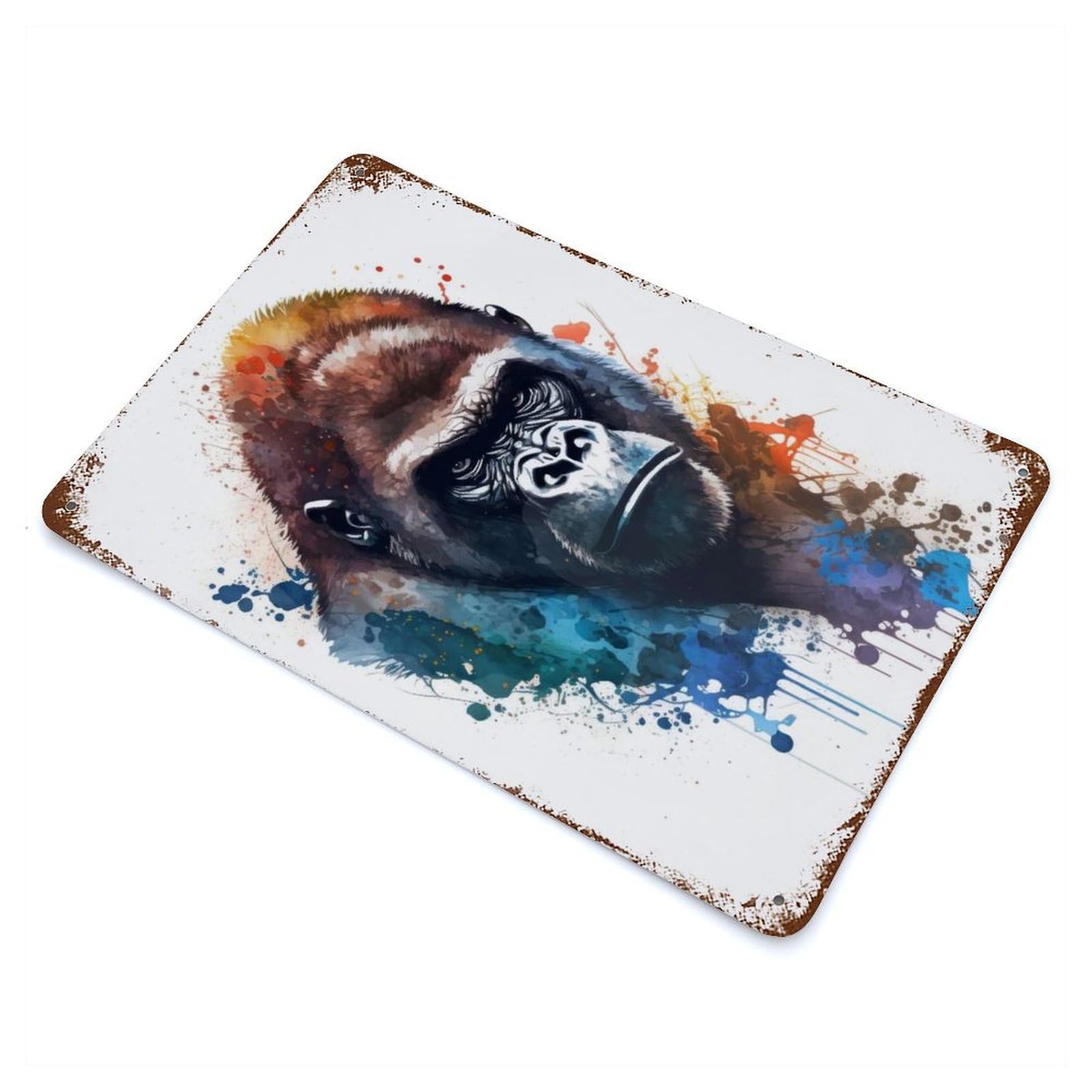 Garage Style Gorilla in Watercolor Weathered Tin Sign 11.8"x7.9", Classic Wall Plaque for Bar And Workshop