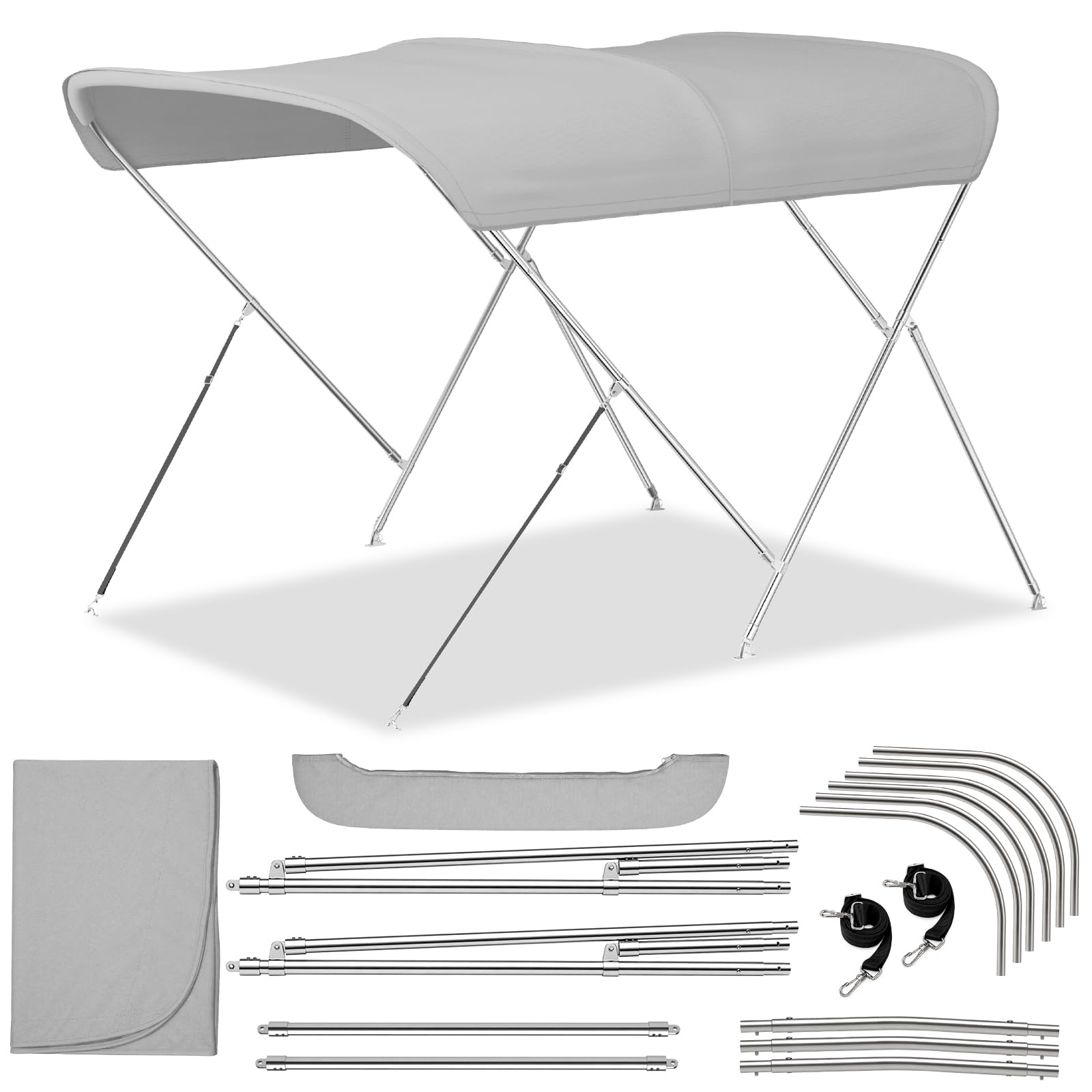 3 Bow Bimini Tops for Boats with Heavy Duty 304 Stainless Steel Frame & Hardware, 600D Oxford Boat Canopy Includes 2 Straps & 2 Rear Support Poles, Storage Boot, Durability & Stability