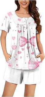 Women Pjs Sets 2 Piece Lightweight Summer Pajama Set Lounge Sleepwear Henley Neck Short Sleeve Tops with Shorts