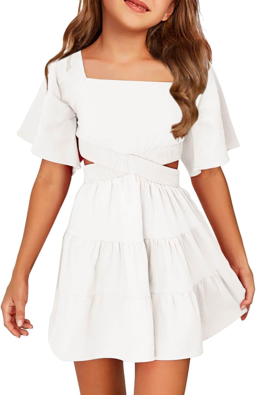 Batermoon Girls Summer Dress Square Neck Short Sleeve Crossover Waist Casual A-line Mini Dress Batermoon Girls Summer Dress Square Neck Short Sleeve Crossover Waist Casual A-line Mini Dress