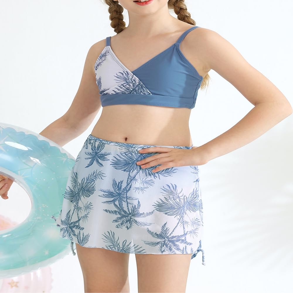 ESHOO Girls Swimsuit 3 Piece Bikini Set Tropical Print Cross V Neck Bathing Suits Girls' Swimwear with Cover Up Skirt 10-16T Dark Blue