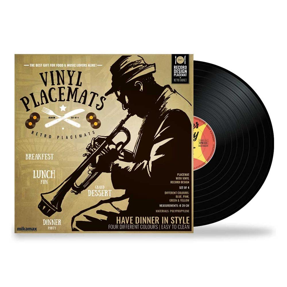 Mikamax – Vinyl Placemats – Retro - Płyty Gramofonowe - 4 Podkładki na Stół - Nostalgiczne - Płyty Winylowe - Dekoracja Stołu - Okrągłe Podkładki - Czarne