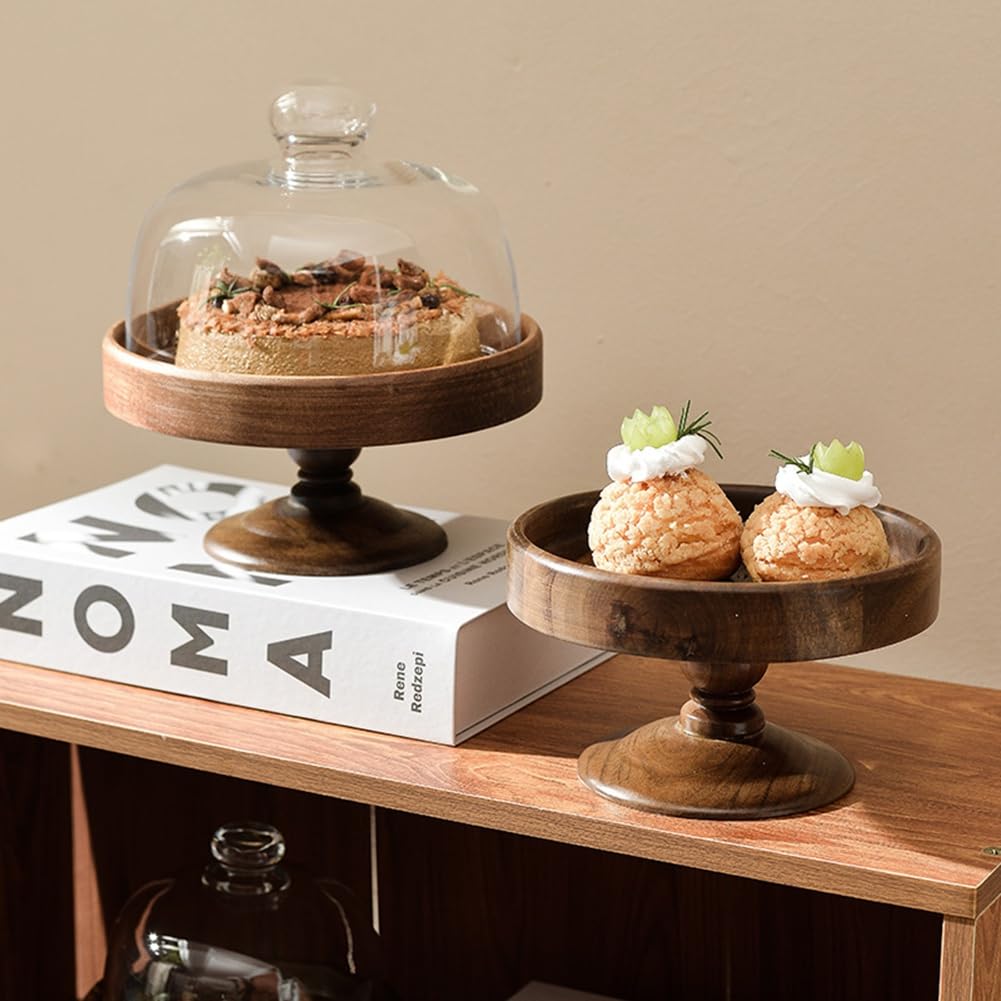 Elegante Soporte para Tartas de Pie Alto con Cubierta de Vidrio - de Postre de Madera y Vidrio, para Dim Sum, para Pan M