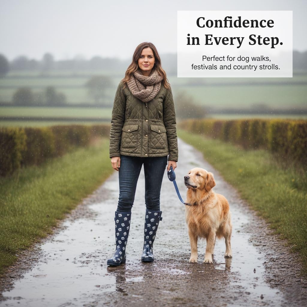 A2Z Botas de agua para mujer, impermeables, largas, con suela de goma, para jardín, festival, paseo de perro, estampado de patas azul marino, elegantes, cómodas, forradas, zapatos de mujer, talla 4 a