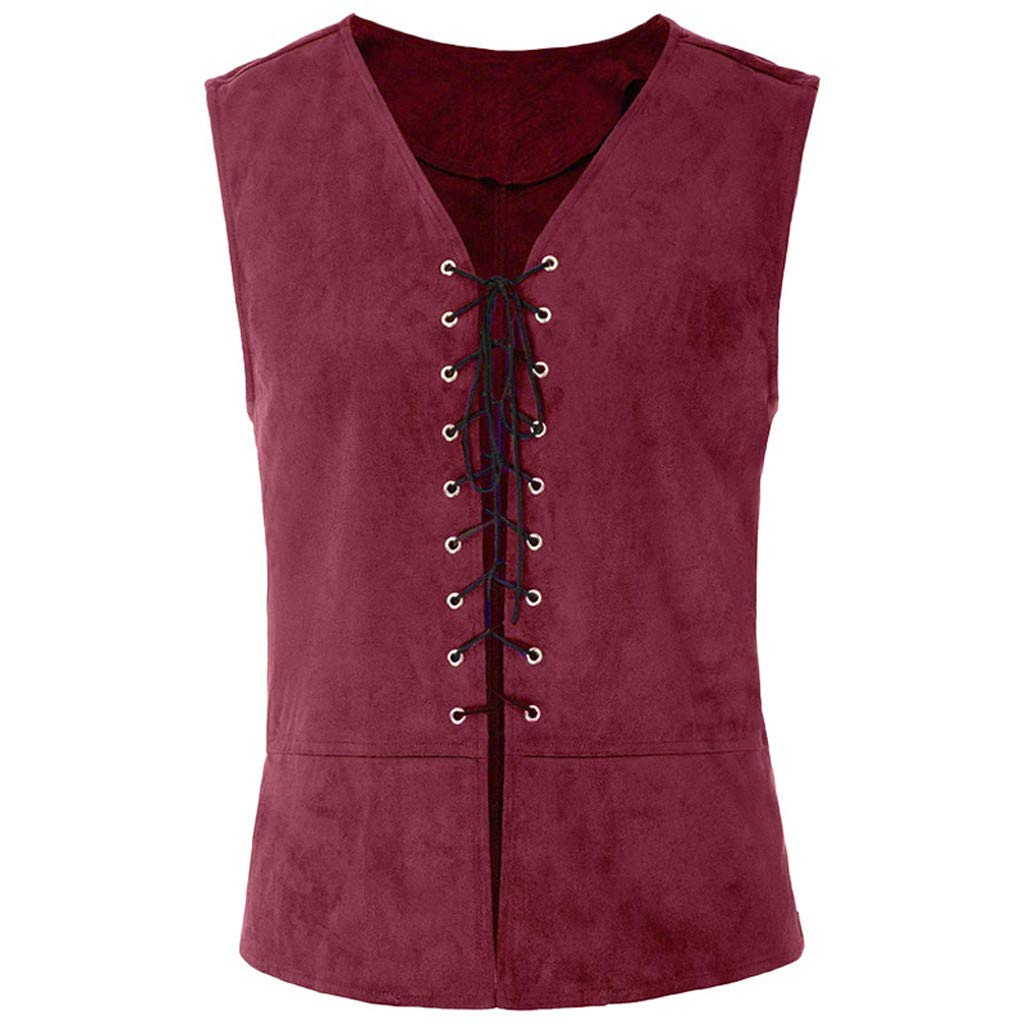 WAZHAKU Vintage Pirate Vest Men's Medieval Retro Gothic Cosplay Costume Pirate Costume Traditional Lace-up Vest Steampunk Vest Lacing Viking Vest Renaissance Pirate Vests, red, S