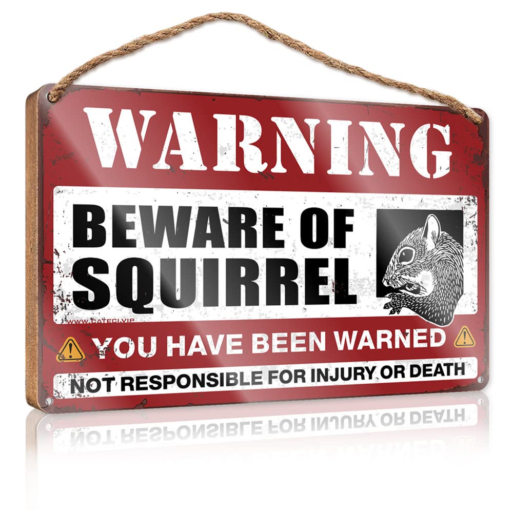 DTHA Farmhouse Signs Beware Of Squirrel Wooden Sign Gifts For Husbands Pool Signs And Decor Outdoor(23X35CM)