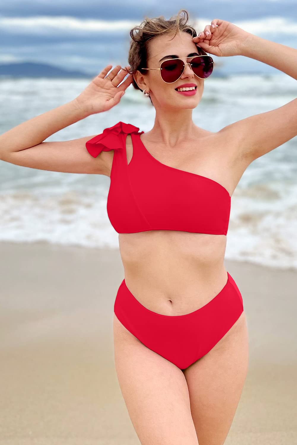 Byoauo Womens Bikini One Shoulder Top with High Waisted Bottom Two Piece Swimsuits