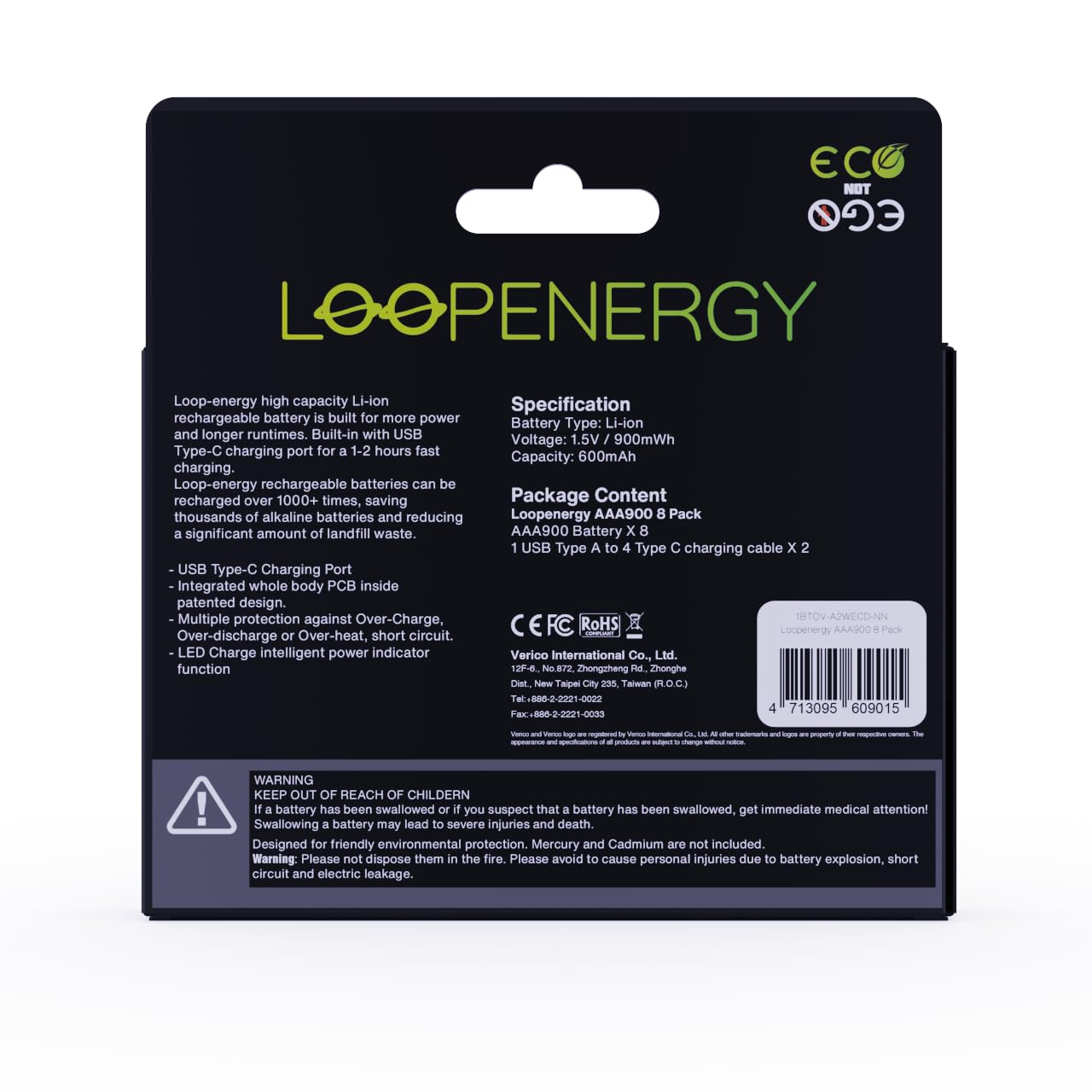 VERICO LoopEnergy AAA 900 Wiederaufladbare USB-C Batterie AAA 1,5V 900mWh (600mAh) Li-Ion, Schnellladung Via USB-C Anschluss in ca. 2 Stunden, 8er Pack AAA, 1 Kabel USB - A auf 4 x USB-C