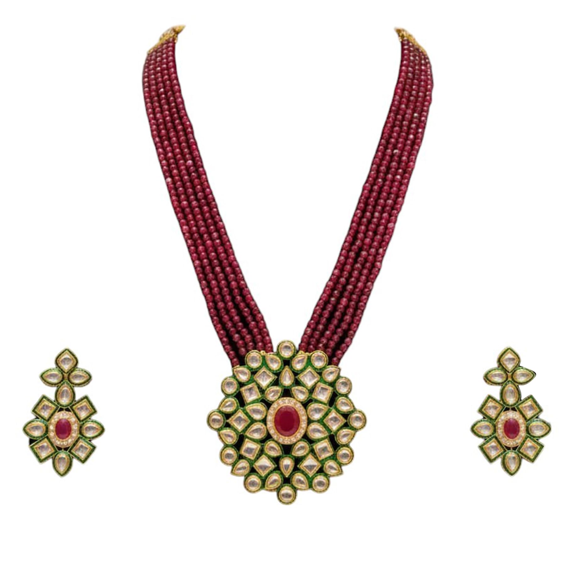 Women Multi Strand Red Ruby Bead Necklace Set with Kundan Pendant & Earrings | Traditional Antique Gold Plated Ethnic Jewellery | Indian Bridal Wedding Festive Statement Necklace Set-image-14
