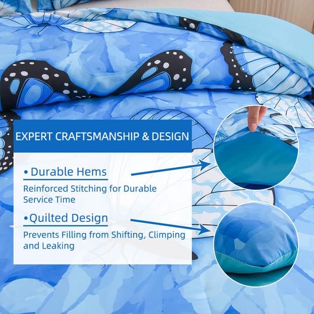 Miniatura 3 de Btargot Juego de edredón ligero de microfibra de 3 piezas con 2 fundas de almohada juego de ropa de cama con patrón de mariposa color azul Queen