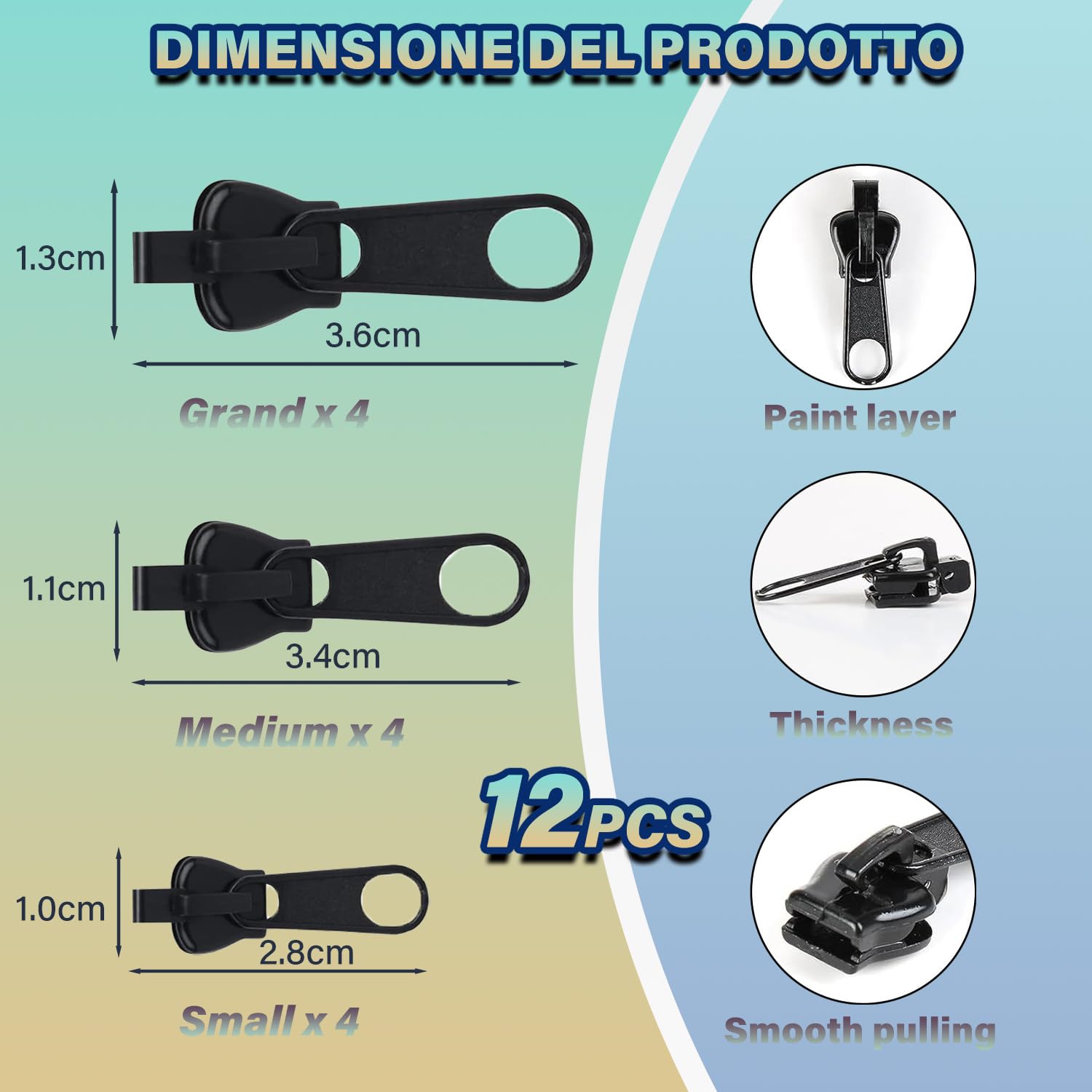 12 Cursori Per Cerniere Universali Ripara Zip | 3 Taglie (Grande Medio Piccolo) | Nylon E Metallo | Rimovibili | Senza Attrezzi | Per Giacche Zaini Valigie