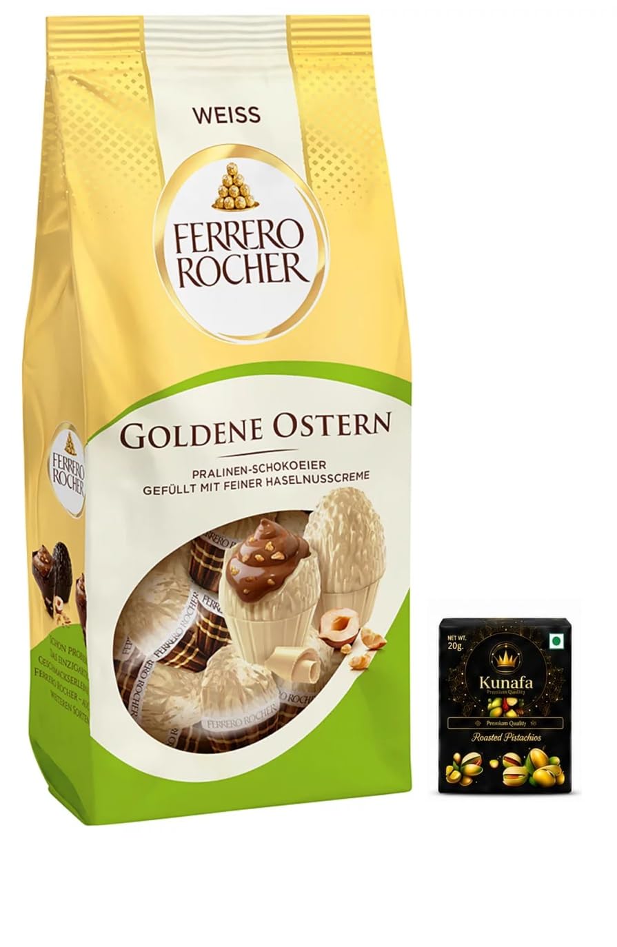 Ferreros Rocher Goldene Ostern White Chocolate Praline Easter Eggs with Hazelnut Cream Filling 90g with Free Flavourito Kunafa Pistachio Chocolate Bar, 20g By Decadent Foods-image-33