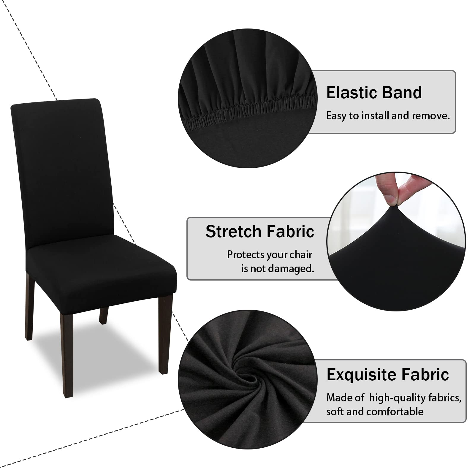 FIGOOO Coprisedie Elasticizzati con Schienale 4 Pezzi Coprisedia per Sala da Pranzo Spandex Fodera per Sedia da Cucina Universale Lavabile Decorazioni per la Casa Cucina(Nero,4pcs)